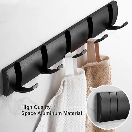 Black Coat Rack Wall Mount with 5 Hooks, 15.8 Inch Waterproof Heavy Duty Coat Wall Hooks, Space Aluminum Material, Folding Hideaway Towel Hanger for Entryway, Wall, Door, Bathroom-NeatNest