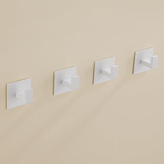 4 Pack Adhesive Towel Holder Bathroom Shower Robe Hook Hanging Coat Clothes Rack Stickers Square Metal Wall Hooks White