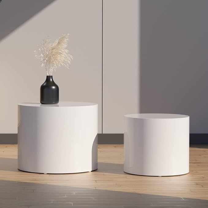 Nesting Coffee Table Set of 2, Round Side Tables Set, Wooden Accent Table, Modern End Tables, Minimalist Circle Table for Small Space Living Room Bedroom, White
