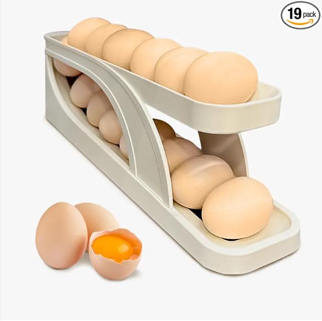 Generic Egg Dispenser for Refrigerator or Kitchen Countertop, Automatic Roll Down Egg Storage for Fridge, Space Saving Gravity Fed Egg Holder and Organizer Tray (Beige/Off White)