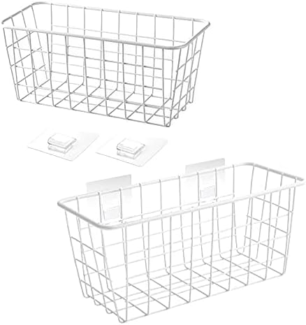 2 Set LeleCAT Hanging Wall Basket Organizer Over the Cabinet Door Adhesive Wire Baskets for Organizing Kitchen Food Pantry Bathroom Shelf Storage No Drilling Wall Mounted,White-NeatNest