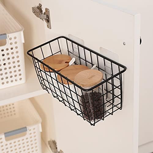 2 Set Hanging Wall Basket Organizer Over the Cabinet Door Wire Baskets for Organizing -No Drilling Adhesive Wall Storage Basket, Space-Saving Hanging Baskets for Organizing Wall Mount Storage,Black-NeatNest