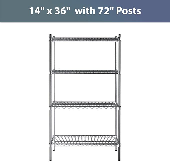 14" x 36" NSF Chrome 4-Shelf Kit with 72" Posts, Commercial Storage Rack Unit, Heavy Duty Storage Shelving, Wire Shelving Kit, Adjustable Rack Strong Steel, Multipurpose Wire Shelf
