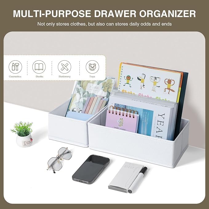 DIMJ Drawer Organizer Clothes, 6 Pack Fabric Drawer Organizer Bins, Foldable Baby Clothes Organizer & Dresser Organizer For Nursery, Clothes, Bedroom, Closet, Socks, Bra, Tie,White-NeatNest