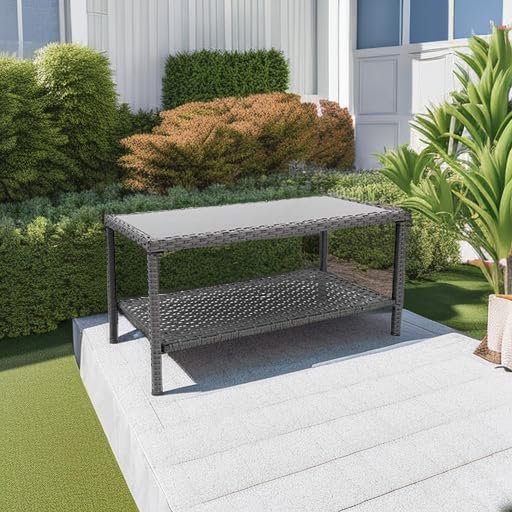 C-Hopetree Small Outdoor Coffee Side End Table for Outside Patio Storage, Gray All Weather Wicker with Glass Top, Rectangle