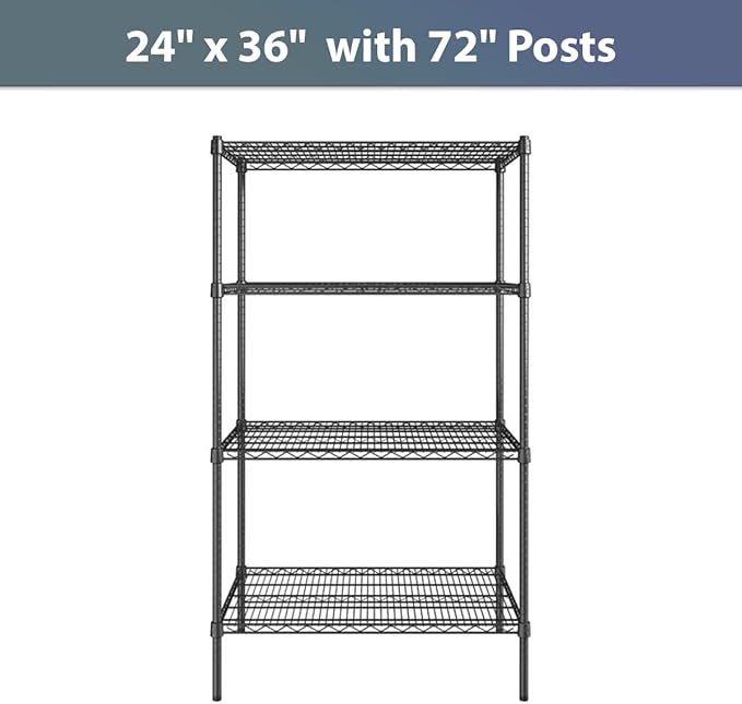 24" x 36" NSF Black Epoxy 4-Shelf Kit with 72" Posts, Commercial Storage Rack Unit, Heavy Duty Storage Shelving, Wire Shelving Kit, Adjustable Rack Strong Steel, Multipurpose Wire Shelf