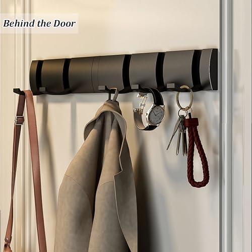 Black Wall Coat Rack with 6 Hooks, 19.1 Inch Waterproof Heavy Duty Coat Hooks, Folding Hideaway Towel Hanger Hooks for Entryway, Door, Bathroom, Bedroom-NeatNest