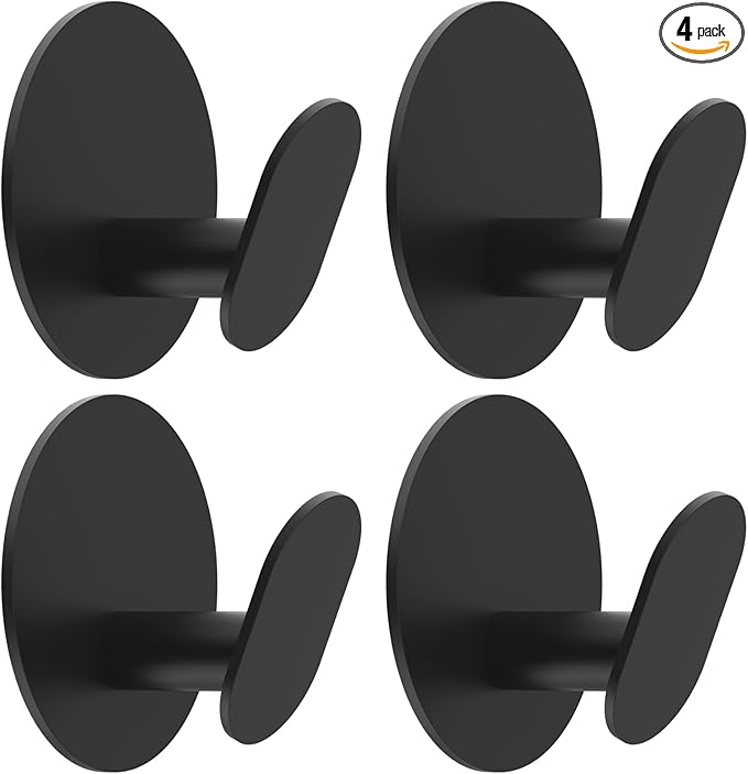 Adhesive Hooks, 4 Pack Towel Hooks Wall Hooks for Bathroom, Kitchen - Bath Robes Coat Hook for Hanging(Matte Black, Stainless Steel)