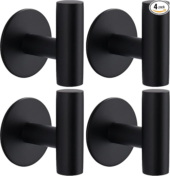Adhesive Towel Hooks, Heavy Duty Wall Hooks Stainless Steel Waterproof Shower Towel Hooks, Coat Hook for Hanging Clothes, Adhesive Hooks for Bathroom, Glass Window- 4 Pack, Black