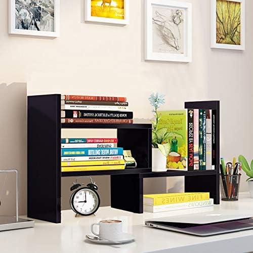 Desk Shelf, Adjustable Desktop Storage Organizer, Wood Display Shelf Rack, Office Supplies Desk Organizer, Black-NeatNest