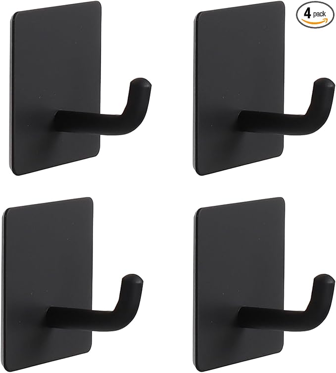Bath Towel Hooks, 4 Pack Strong Self Adhesive Coat/Clothes Hooks, No Drilling Sticky Hooks, Heavy Duty 304 Stainless Steel Shower Wall Hook for Bathroom Kitchen Bedroom(Matte Black)