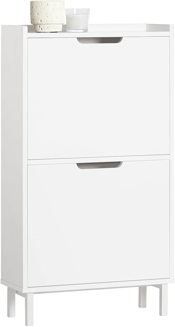 Haotian Slim Shoe Cabinet Entryway, Narrow Shoe Rack with 2 Flip-Drawers, White Shoe Organiazer Hallway, Hidden Shoe Storage Cupboard Entrance, FSR151-W