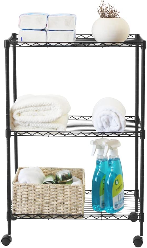 3 Tier Adjustable Storage Shelf Metal Storage Rack Wire Shelving Unit Storage Shelves for Pantry Closet Kitchen Laundry Bathroom (Black-3-Tier)
