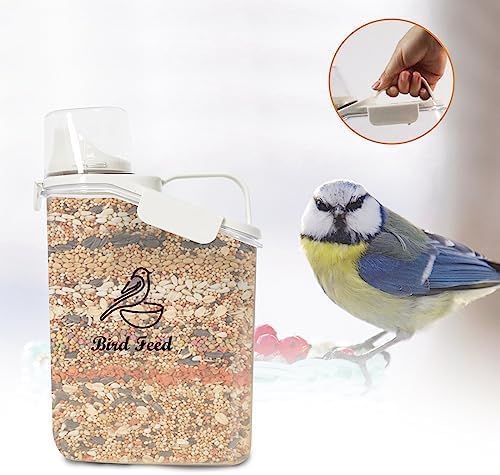 Bird Seed Storage Container,2.8L Airtight Bird Food Container with Handle and Measuring Cup,Portable Pet Food Container for Wild Bird Sunflower Seed-BPA Free Transparent/White-NeatNest