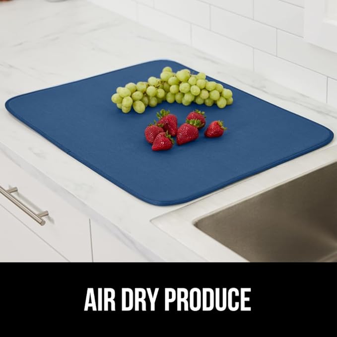 GORILLA GRIP Ultra Water Absorbent Microfiber Dish Drying Mat, 18x32, Quick Dry Thick Mesh, Slip Resistant Pad for Sink Dishes or Under Rack, Kitchen Counter Accessories, Machine Wash, Blue