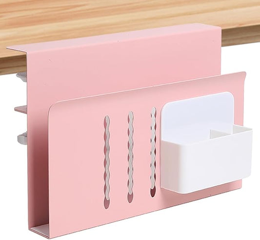 Desk Side Storage Under Desk Laptop Holder, No Drill Hanging Desk Organizer with Pen Holder, Clamp-On Table Side Tray Desktop Organization Mount for Office and Home (Pink)-NeatNest
