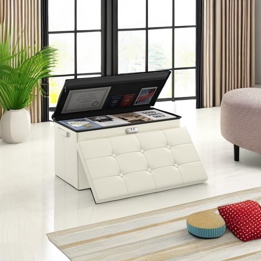 DocSafe Storage Ottoman Bench with Lock,Fireproof 30 Inches Folding Bench Foot Rest Stool Storage Chest Safe for Living Room,Bedroom,Home Office,Waterproof Leather Ottoman with Handles,Beige-NeatNest