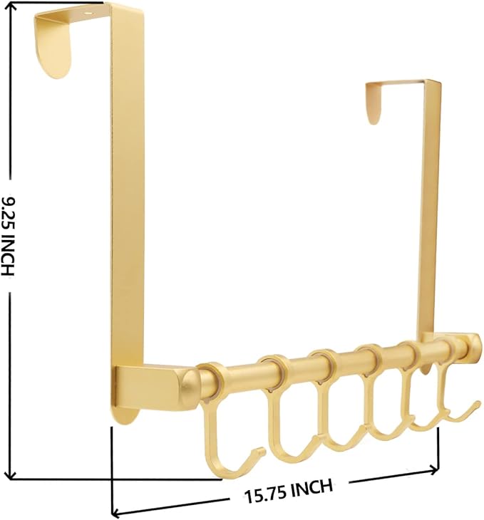 Over The Door Hooks Door Hanger, Moving 6-Hooks Over Door Coat Rack for Hanging, Aluminum Heavy Duty Door Organizer for Towel Robe Hat Bag, Behind Back of Door Bathroom (Gold)