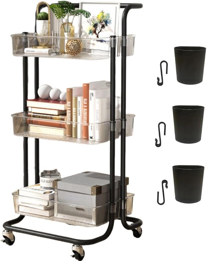 3 Tier Rolling Cart with Metal Handle, Hanging Cups, Hooks, Plastic Storage Baskets & Wheels Lockable, Utility Craft Cart for Bathroom Classroom Office Kitchen Pantry Organizers and Storage, Clear-NeatNest