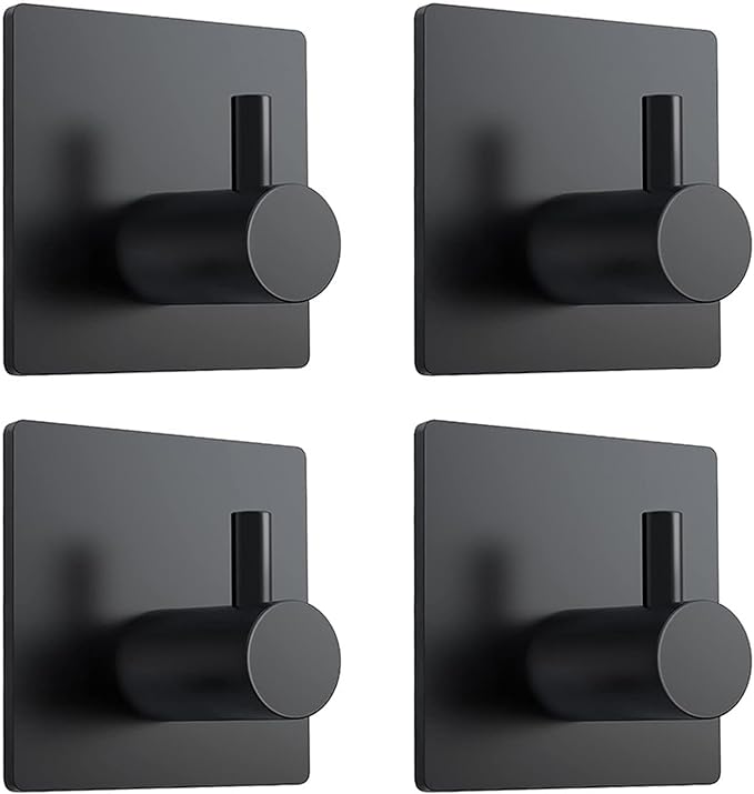 Adhesive Towel Hooks for Hanging - Self Adhesive Damage Free Towel Rack, Waterproof Shower Hooks, Heavy Duty Stick on Stainless Hook for Bathrooms, Kitchens, and Offices (Black,4 Pcs)