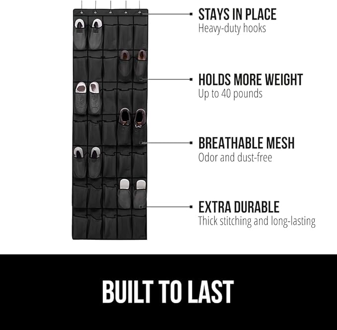 GORILLA GRIP Over the Door Shoe Organizer, 35 Large Breathable Mesh Pockets, Space Saving Hanging Storage Holder, 5 Hook Closet Rack Hanger, Hangs on Closets for Shoes, Accessories 68.5H x 24.5W Black-NeatNest