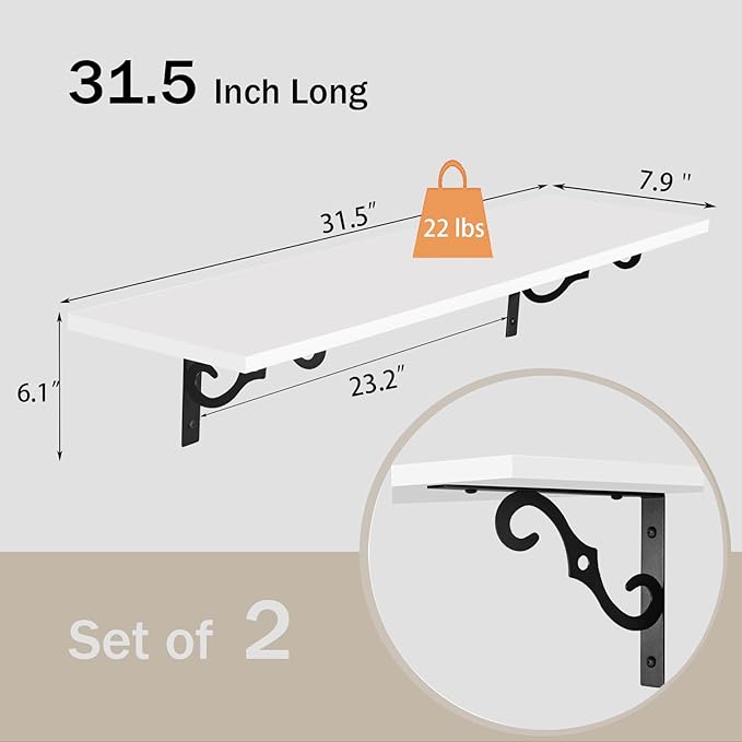 DINZI LVJ Long Wall Shelves, 31.5 Inch Large Floating Shelves Set of 2, Wide Display Shelf Wall Mounted with Brackets, Easy Hanging for Living Room, Toilet, Office, Bedroom, White-NeatNest