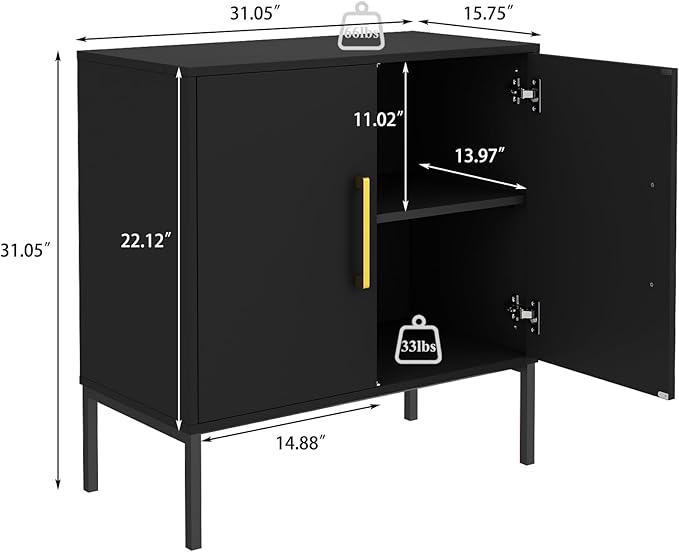 JOZZBY Storage Buffet Cabinet, Freestanding Sideboard with Double Doors, Modern Wooden Sideboard, Black Side Cabinets for Bedroom, Living Room, Kitchen, Office and Hallway, WLFH0007BK