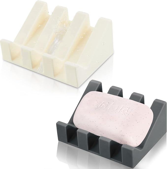 Cunhill 2 Pieces Silicone Soap Dish Self Draining Soap Dish Shower Waterfall Bar Soap Holder Tray with Drain Soap Saver for Kitchen Bathroom Accessories (Dark Grey,Cream White)-NeatNest