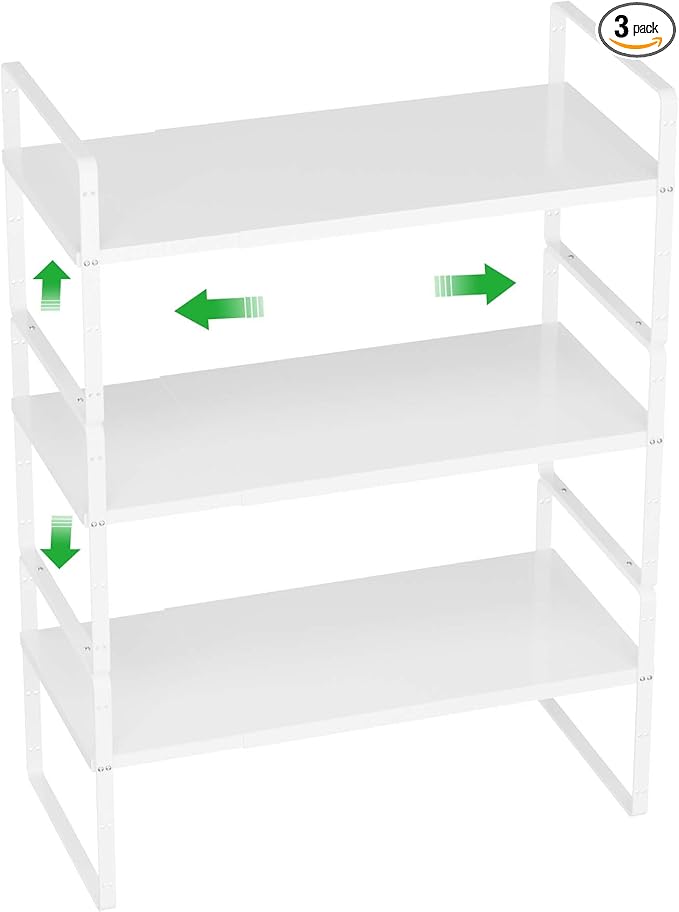 Cabinet Organizer Shelves,Expandable Pantry Counter Inside Cabinet Shelves,Stackable Spice Racks,Storage Shelves for Kitchen Bathroom Under Sink Office,White,D:8.07",3 Packs