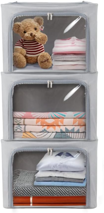 Stackable Clothes Storage Box for Clothing Gadgets,Steel Frame Storage Bins for Toys Gift,Foldable Oxford Fabric Closet Organizer Bag Set w/ Carry Handles Clear Window (Medium- 40L x3 Pack, Grey)-NeatNest