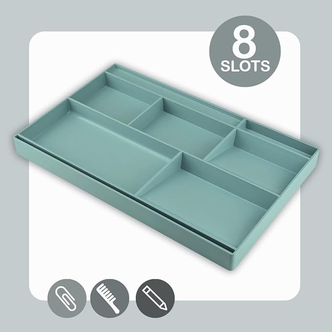 Acrimet Desk Drawer Organizer Tray with 8 Compartments – Multi-Purpose Bin for Office Supplies, Makeup, and Accessories – Fits inside Drawers or Desktops, 12.75" x 8" x 1.06" (Plastic) (Green Color)-NeatNest