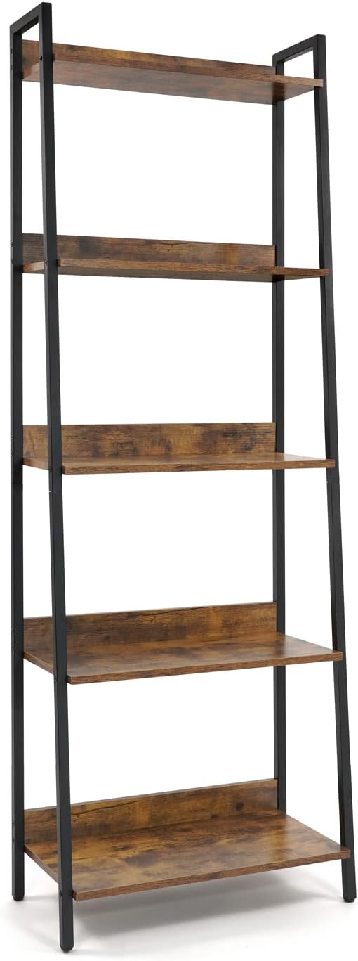 CAPHAUS 5 Tier Ladder Bookshelf, 24 Inch Width Free Standing Shelf, Bookcase Shelf Storage Rack Organizer, Industrial Book Shelves for Home Office, Living Room, Kitchen, Rustic Oak, Vintage Shelves-NeatNest