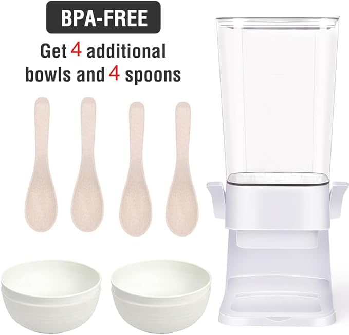 Cereal Dispenser Countertop with 4 Pack Bowls and Spoons 5.5 Qt Large Cereal Storage Container Holder for Pantry Dry Food Nut Dispenser Snack Candy Organizer Kitchen Organization for Oatmeal Granola-NeatNest