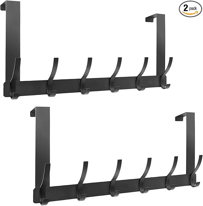 2 Pack Over The Door Hook,Door Hanger for Hanging,Over Door Hanger Holder for Coat Robe Hat Clothe Towels,Towel Racks for Bathroom with 12 Coat Hooks (Black, 2 Pack-6 Hooks)