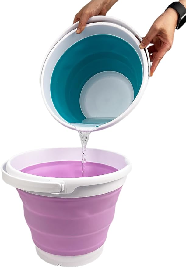 SAMMART Collapsible Plastic Bucket - Foldable Round Tub with Handle - Pop Up Saving (White/Pale Purple, 10L)-NeatNest