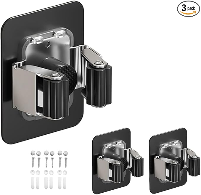 3 Pack Broom Holder Wall Mount & Mop Wall Mount Organizer, No Drilling Self-Adhesive Anti-Slip Grippers for Kitchen Laundry Garden,Black