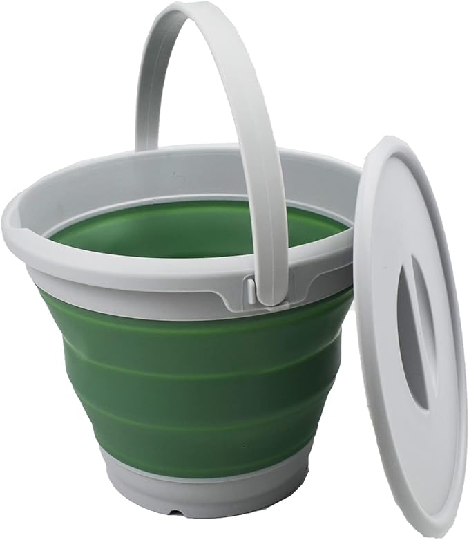 SAMMART 5.5L (1.4 Gallon) Collapsible Plastic Bucket with Lid - Foldable Round Tub with Lid - Portable Fishing Water Pail - Space Saving Outdoor Waterpot. (Grey/Dark Sea Green, 1)