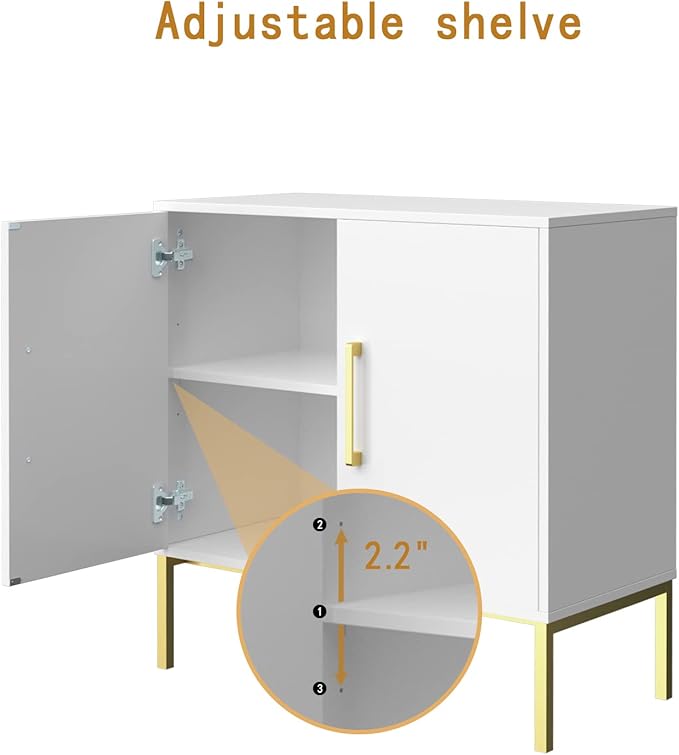 JOZZBY Buffet Sideboard Cabinet with Storage, Modern Wooden Cabinet with Adjustable Shelves, White and Gold Cabinets for Living Room, Kitchen, Hallway