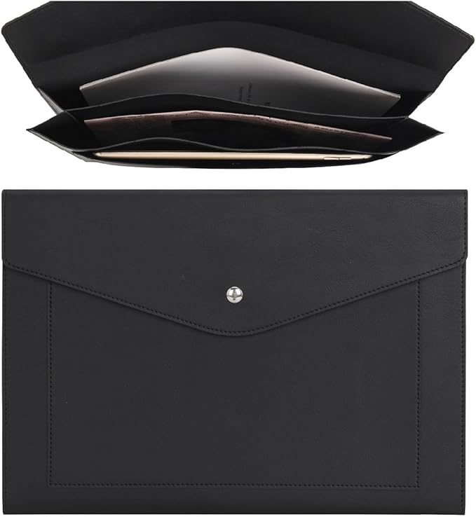 Wason A4 Document File PU Leather with Expanding Large Size Pockets Envelope Case Holder Paper Bills Stationery Tablet and PC, Perfect for Work Study Traveling (Black)