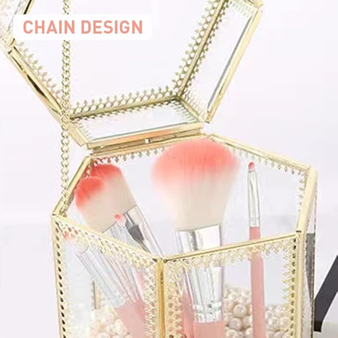 Glass Makeup Brush Holder with Lid Organizer Vintage Cosmetic Hexagonal Display Cases Brush Storage with Free White Pearls - Gold-NeatNest