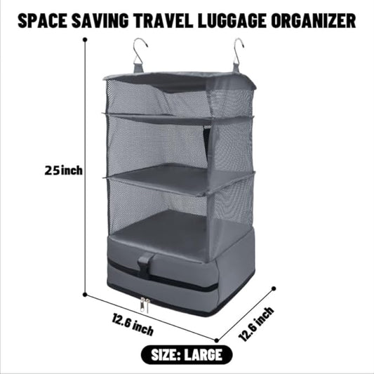 Caroeas Portable Hanging Travel Shelves Bag Suitcase Organizer Carry-on Closet Packing Cubes for Travel, 4-Shelf Suitcase Closet with 2 Hooks, Large Capacity, Gray-NeatNest