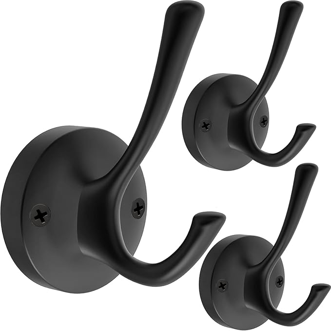 Black Wall Hooks Towel Hooks, 3 Pack Coat Hooks Robe Hook Heavy Duty Metal Double Bath Hook Wall Mounted, Hand Towel Hooks for Entryway Bathroom Kitchen Closet Garage-NeatNest