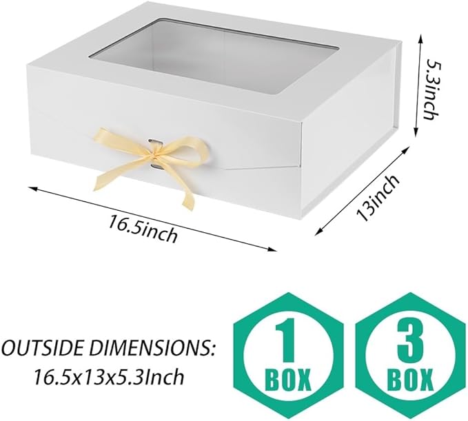 3 Pcs White Extra Large Gift Box for Presents with Ribbon 16.5x13x5.3 Inches Clear Gift Box with Window Magnetic Closure Gift Boxes with Lids-NeatNest