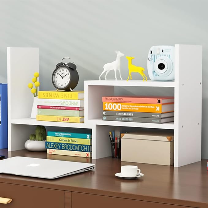 Desk Shelf, Adjustable Desktop Storage Organizer, Wood Display Shelf Rack, Office Supplies Desk Organizer,White-NeatNest