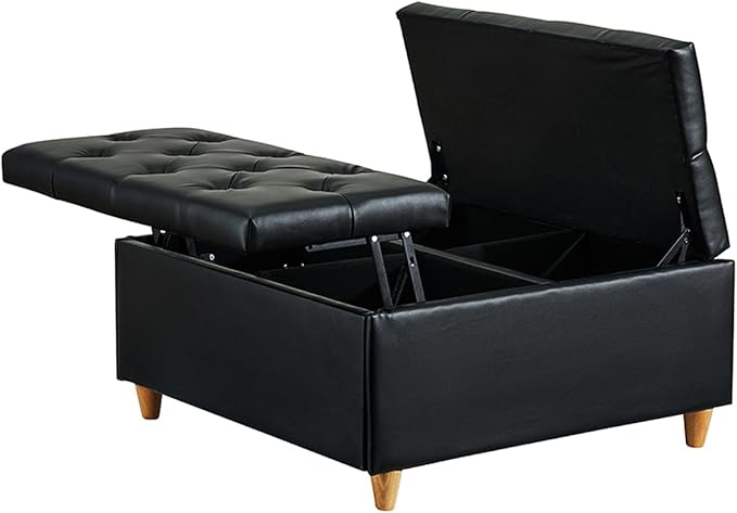 GAOMON Leather Storage Ottoman Coffee Table with Lift Top, Faux Leather Tufted Upholstered Ottoman with Storage, Large Square Storage Ottoman Bench for Bedroom Living Room(Leather, Black)
