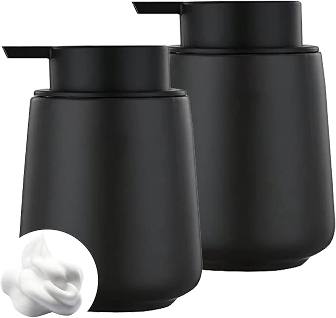 12Oz Black Foaming Soap Dispenser - Ceramic Foam Hand Soap Dispenser Set with Easy-to-Press Pump, Refillable Liquid Dish Soap Dispensers for Bathroom and Kitchen, 2 Pack-NeatNest