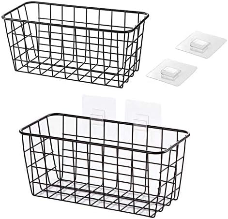 2 Set Hanging Wall Basket Organizer Over the Cabinet Door Wire Baskets for Organizing -No Drilling Adhesive Wall Storage Basket, Space-Saving Hanging Baskets for Organizing Wall Mount Storage,Black-NeatNest