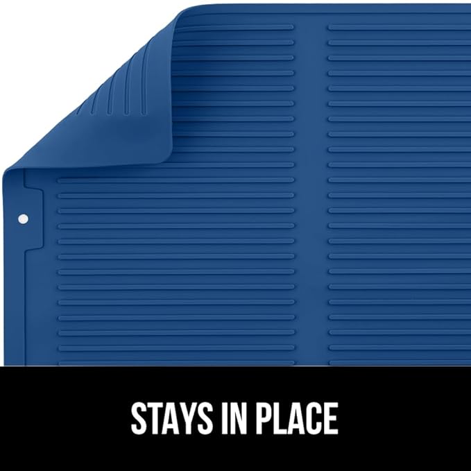 GORILLA GRIP 100% BPA-Free Patented Silicone Dish Drying Mat for Kitchen Counter, Water Catching Ribbed Design, Easy Clean Waterproof Sink Liner, Heat Resistant, Fits Under Rack, 16x12 Inch, Blue