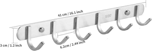 Coat Hook Wall Mount - NHENY Towel Rack with 6 Hooks Hanger for Hanging Clothes, Bags, Keys, and Towels Bathroom, Entryway, Door, 304 Stainless Steel Brushed Nickel-NeatNest