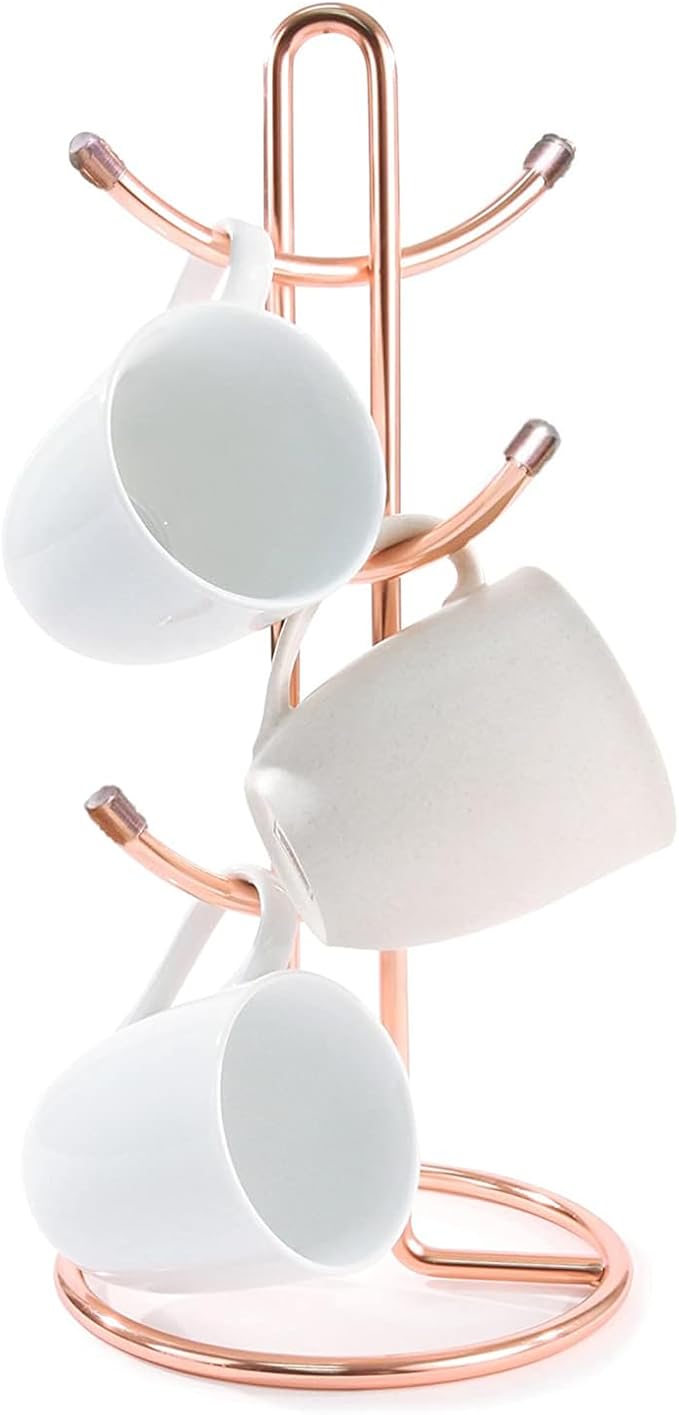 FitWell Mugs Holder, Mug Tree, Coffee Mug Hanger, Mug Tree, Mug Organizer for Cabinet, Mug Holder Stand, Coffee & Tea Cup Storage Rack (Copper, 6 Mugs (15" H))-NeatNest
